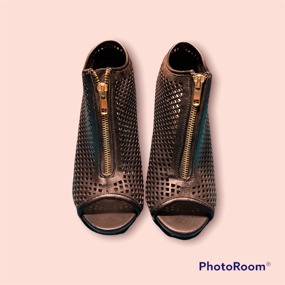 Steve Madden 6” black mesh peep toe heel.